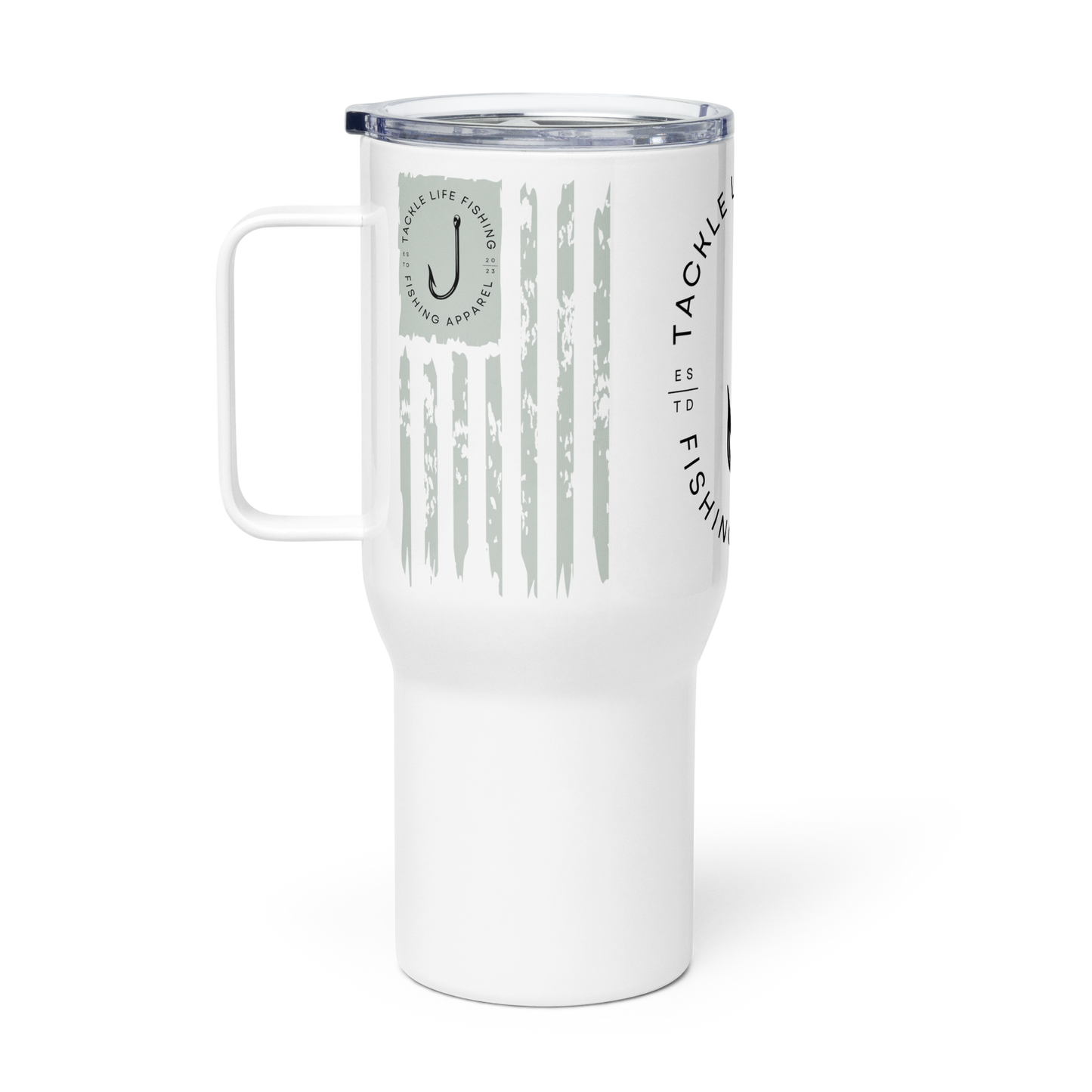 TLF Travel Mug with Handle and Lid -- Flagship Logo and Distressed Flag Design