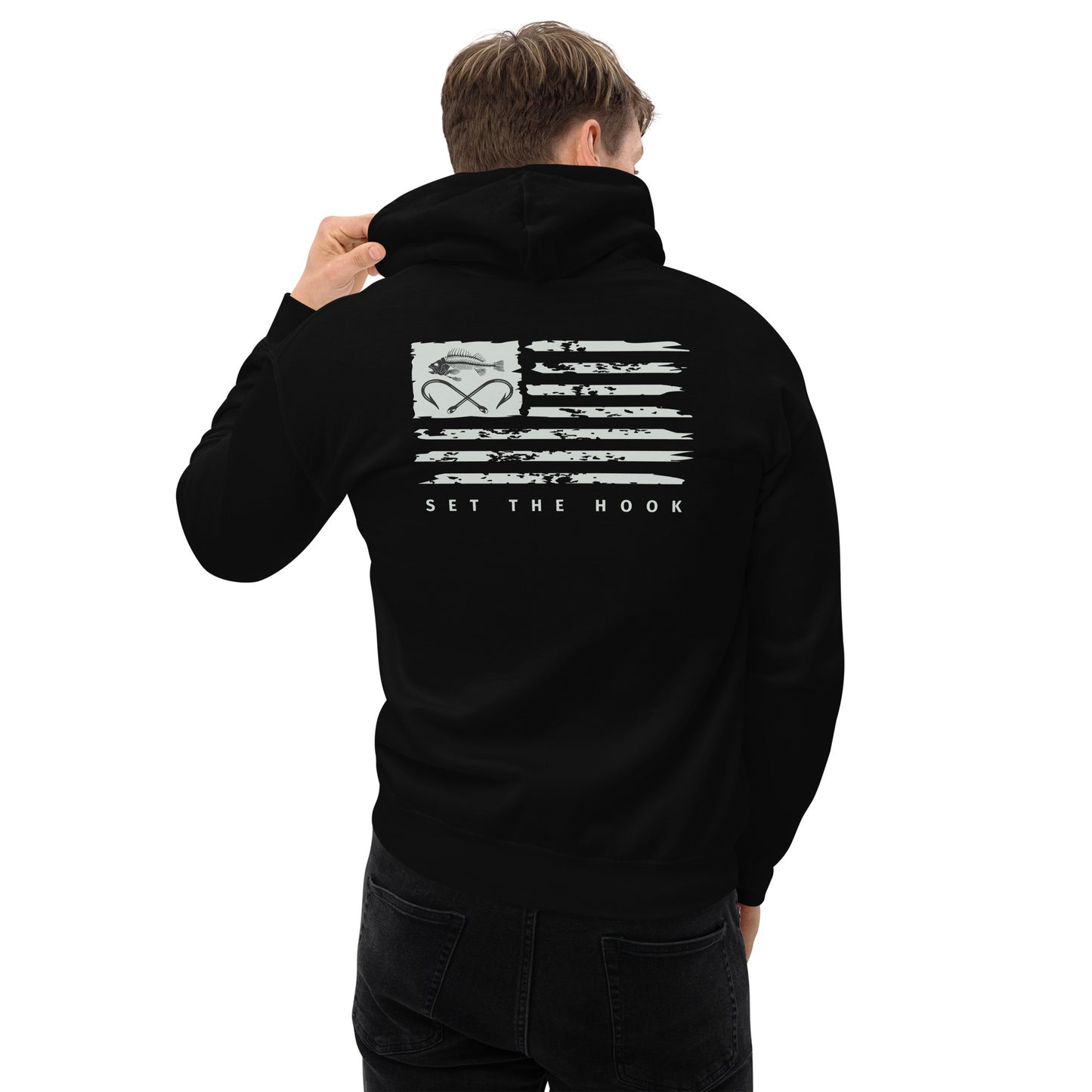 TLF Dirstressed Flag Pirate Logo Unisex Hoodie -- Gray Chest Logo and Back Design on Black