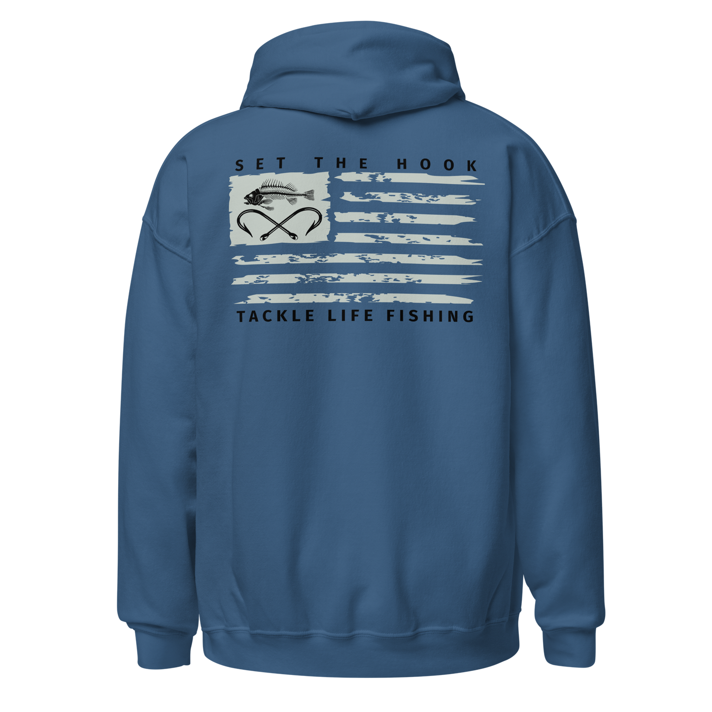 TLF Dirstressed Flag Pirate Logo Unisex Hoodie -- Chest Logo and Back Design on Red, Royal, Indigo Blue, Irish Green, Military Green, White