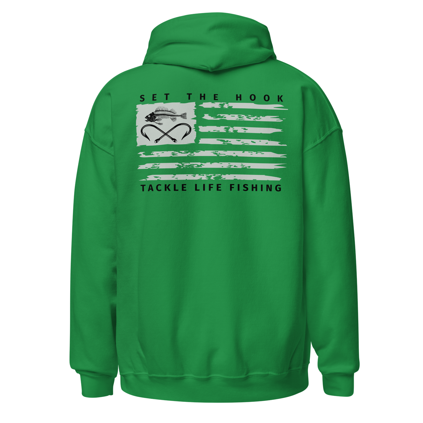 TLF Dirstressed Flag Pirate Logo Unisex Hoodie -- Chest Logo and Back Design on Red, Royal, Indigo Blue, Irish Green, Military Green, White