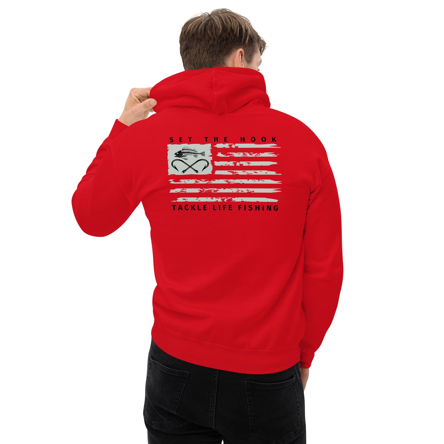 TLF Dirstressed Flag Pirate Logo Unisex Hoodie -- Chest Logo and Back Design on Red, Royal, Indigo Blue, Irish Green, Military Green, White