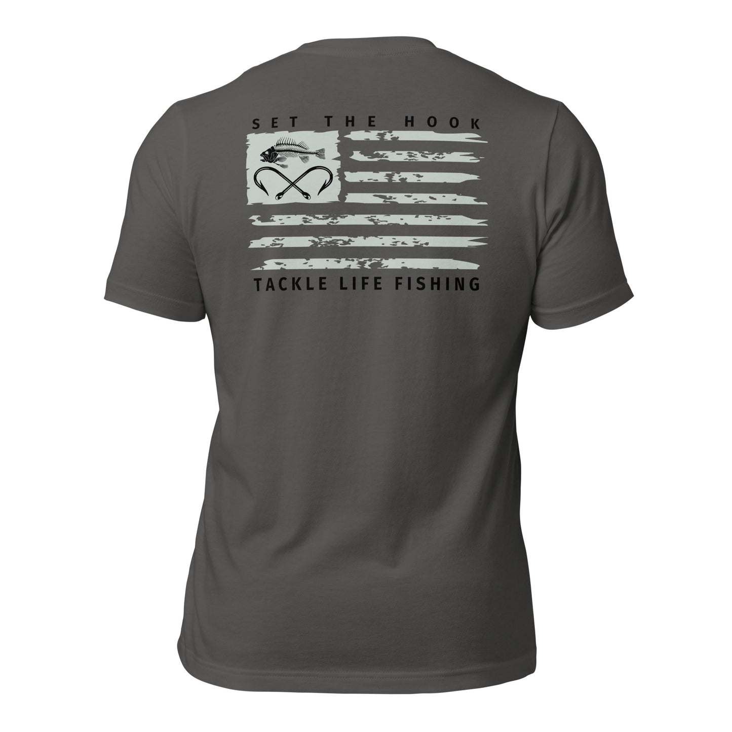TLF Dirstressed Flag Pirate Logo Unisex T-Shirt -- Chest Logo and Back Design on Toast, Red, True Royal, Asphalt, Olive or Pebble