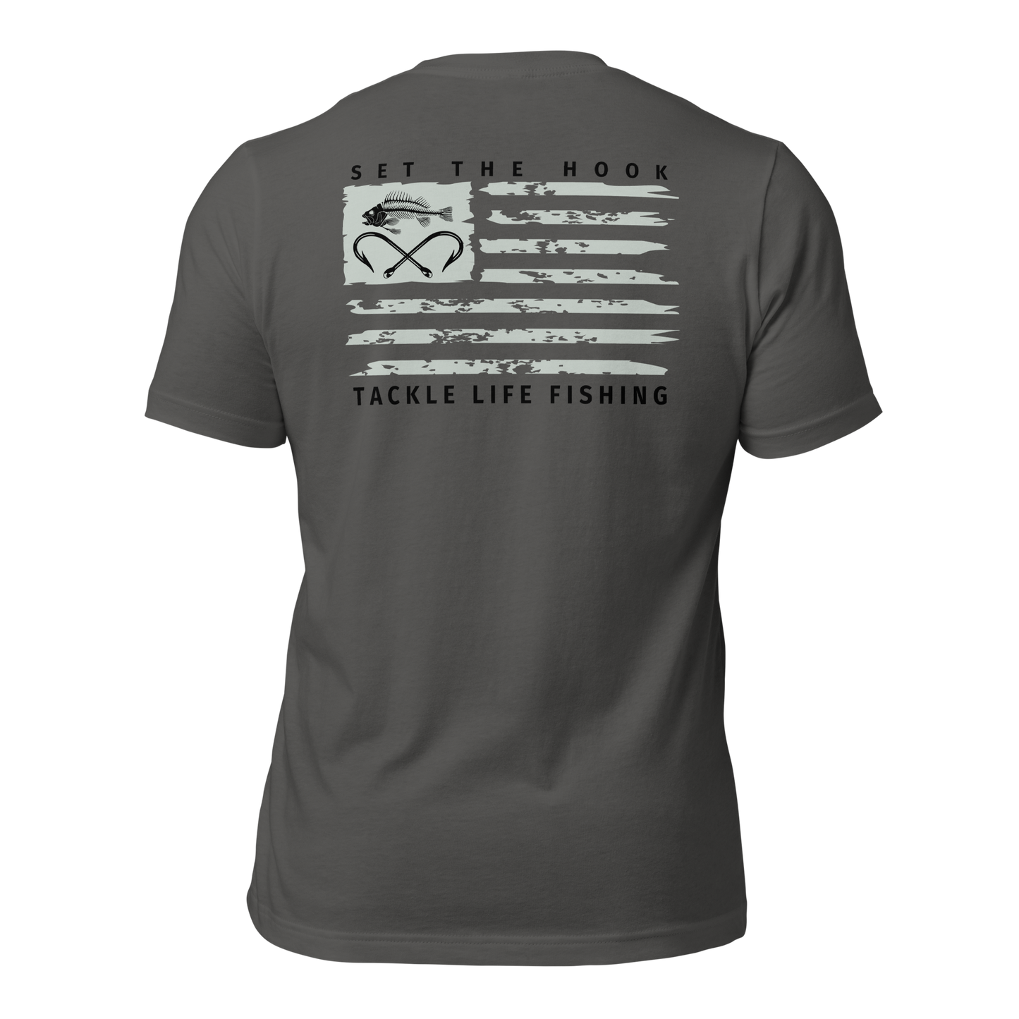 TLF Dirstressed Flag Pirate Logo Unisex T-Shirt -- Chest Logo and Back Design on Toast, Red, True Royal, Asphalt, Olive or Pebble