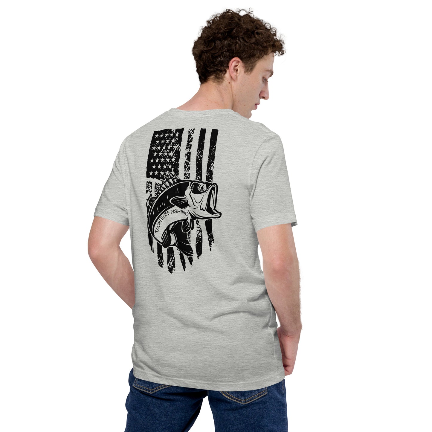 TLF Bass Flag Unisex T-Shirt -- Black Chest Logo and Back Design on White or Athletic Heather