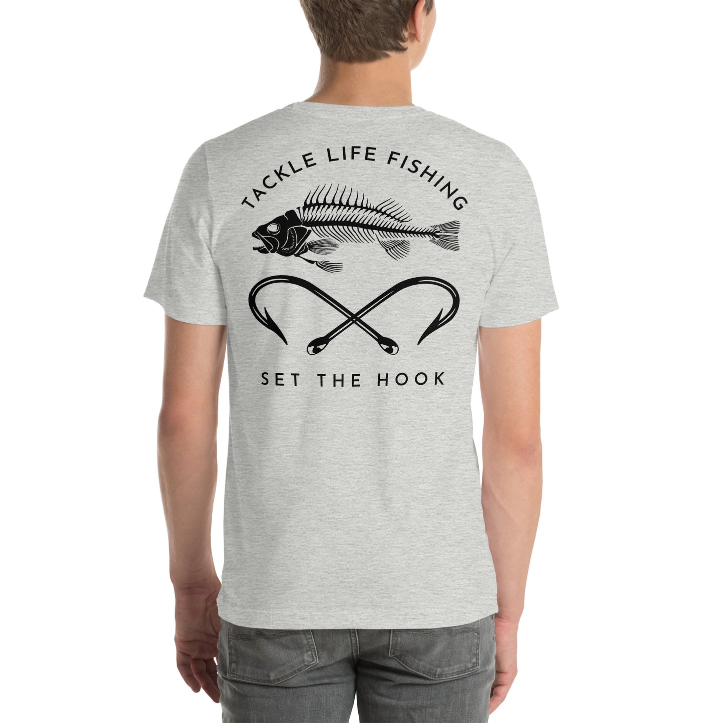 TLF Pirate Flag Unisex T-Shirt -- Black Chest Logo with Back Design on White or Athletic Heather