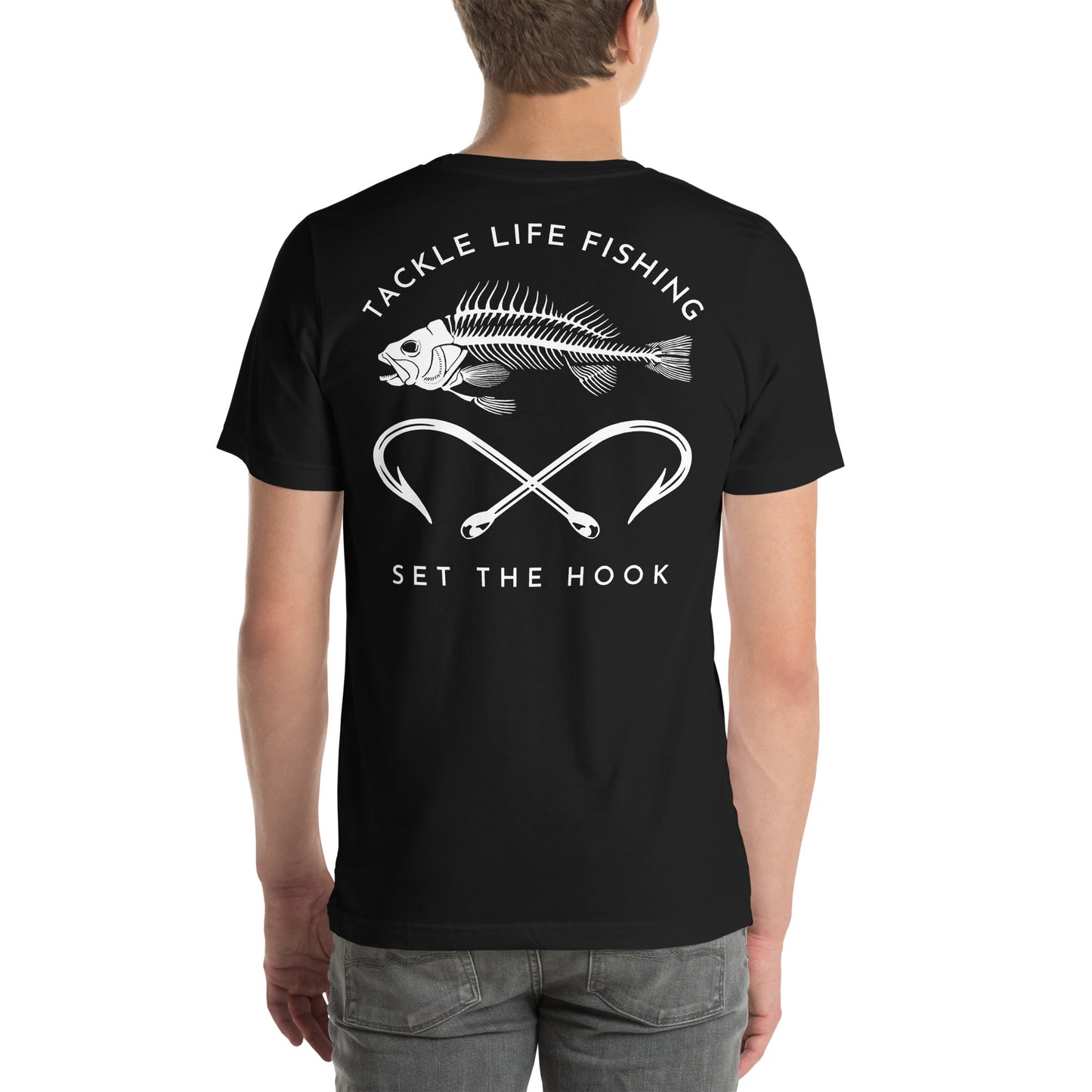 TLF Pirate Flag Unisex T-Shirt -- White Chest Logo with Back Design on Black