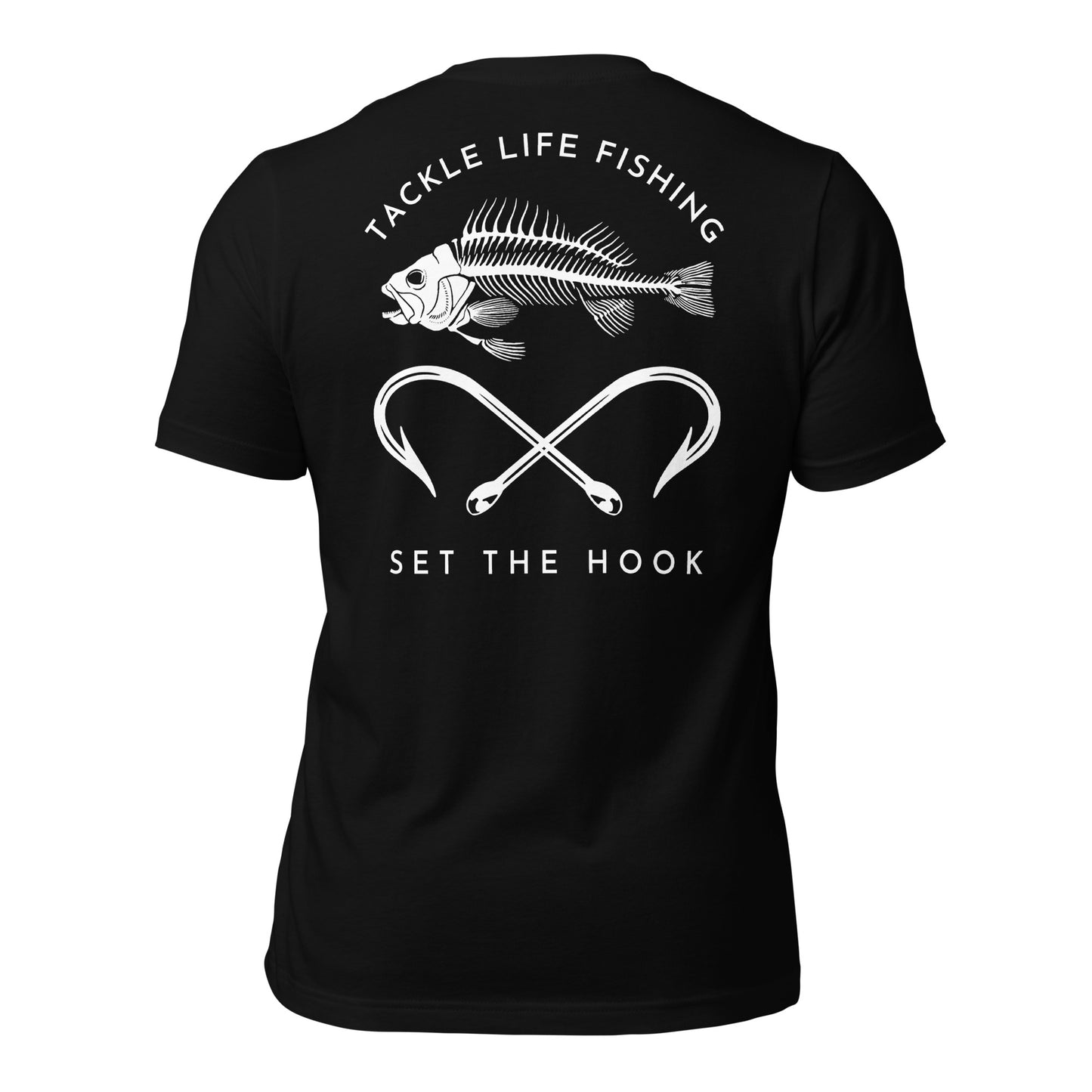 TLF Pirate Flag Unisex T-Shirt -- White Chest Logo with Back Design on Black
