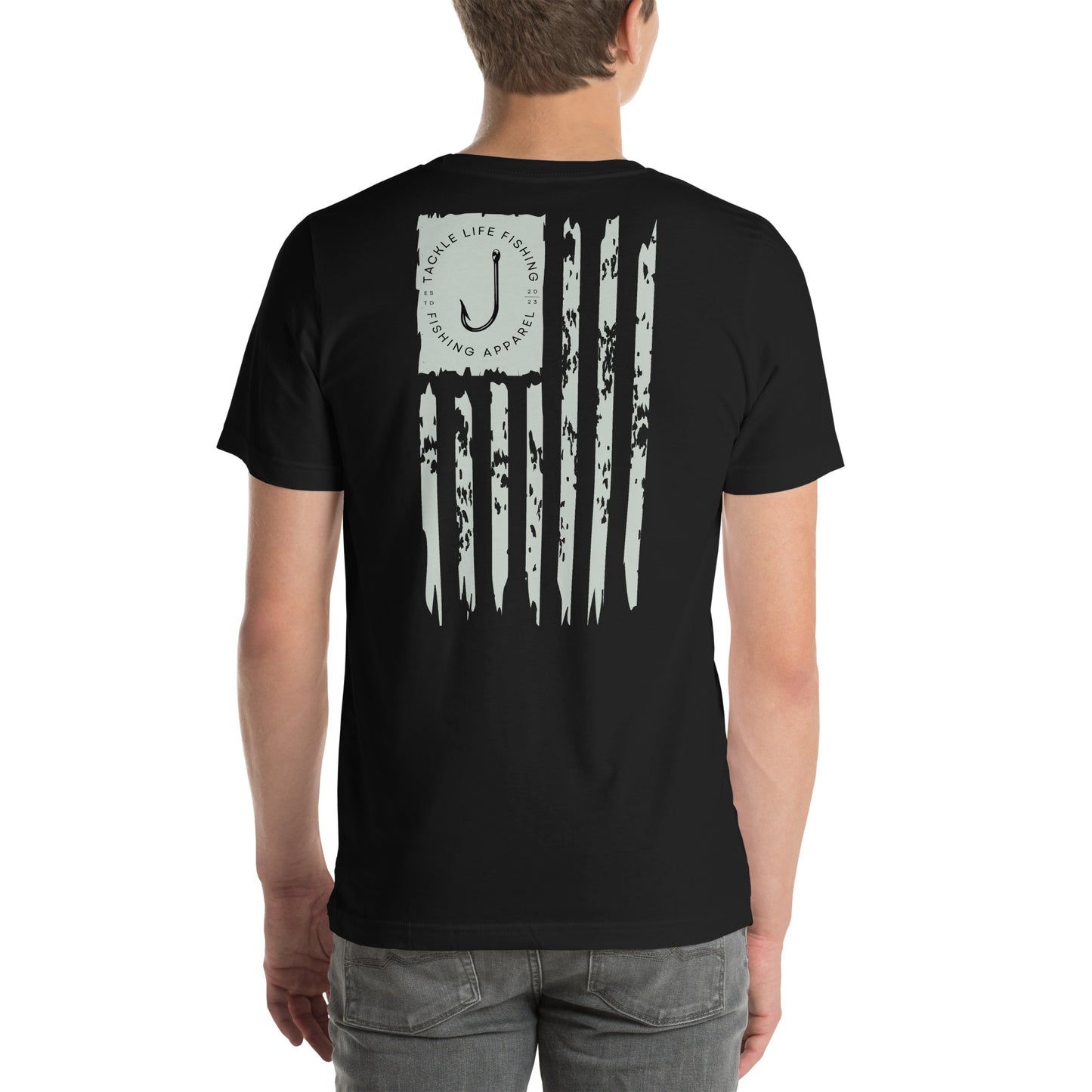TLF Distressed American Flag Unisex T-Shirt -- Gray Chest Logo and Back Design on Black