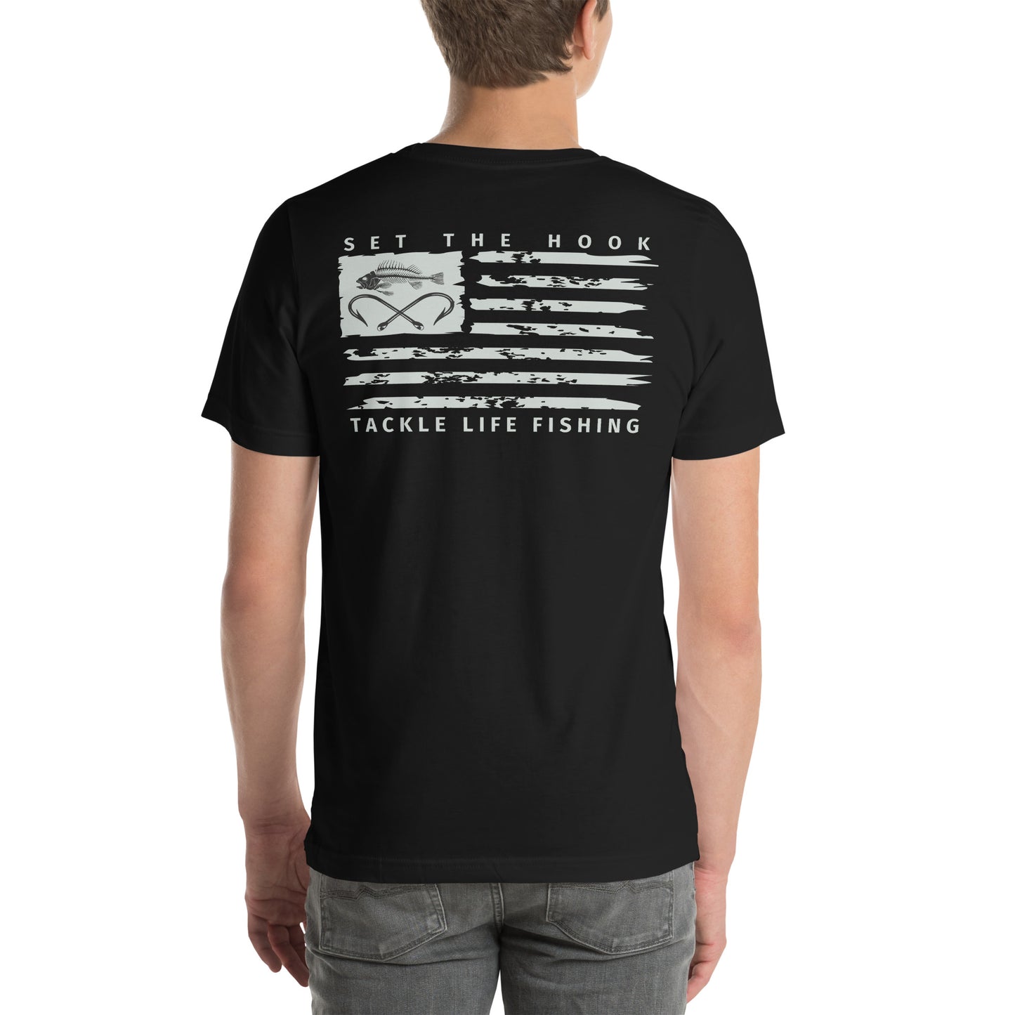 TLF Dirstressed Flag Pirate Logo Unisex T-Shirt -- Gray Chest Logo and Back Design on Black