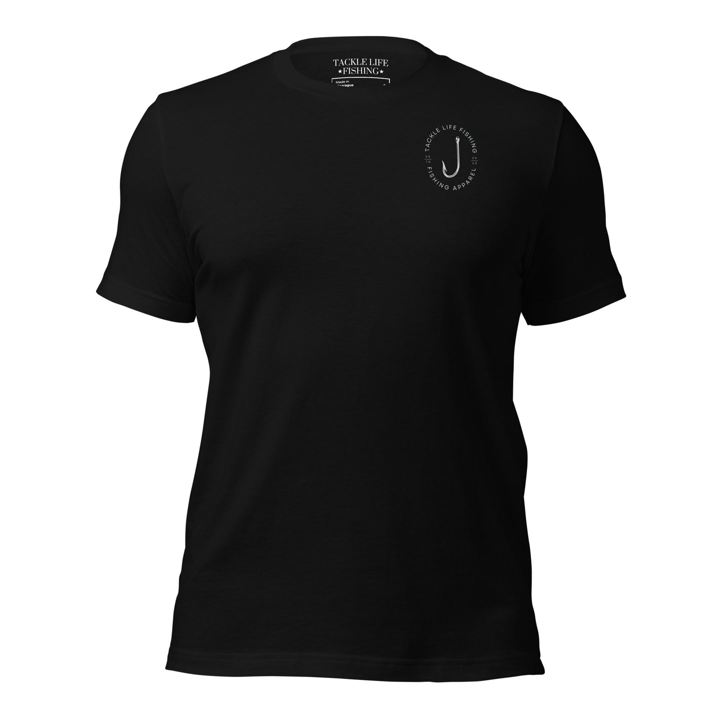 TLF Distressed American Flag Unisex T-Shirt -- Gray Chest Logo and Back Design on Black