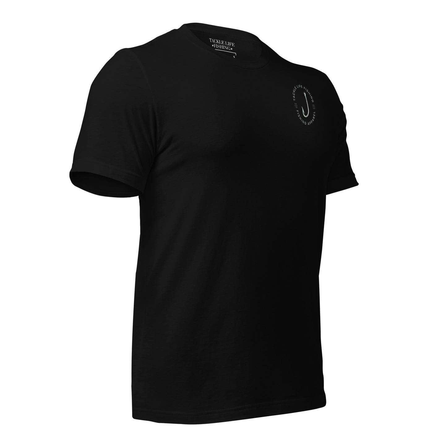 TLF Distressed American Flag Unisex T-Shirt -- Gray Chest Logo and Back Design on Black