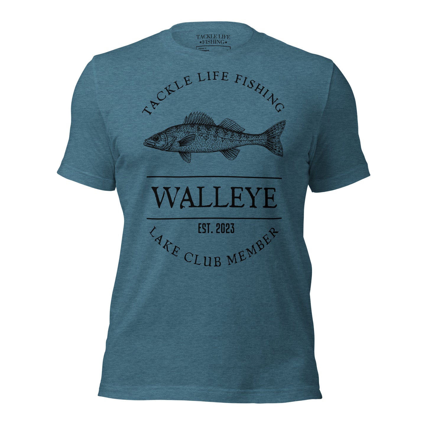 TLF Walleye Lake Club Member Tee -- Front Design on Heather Deep Teal, Asphalt, Olive, Autumn, Mustard, Athletic Heather, Soft Cream, or White