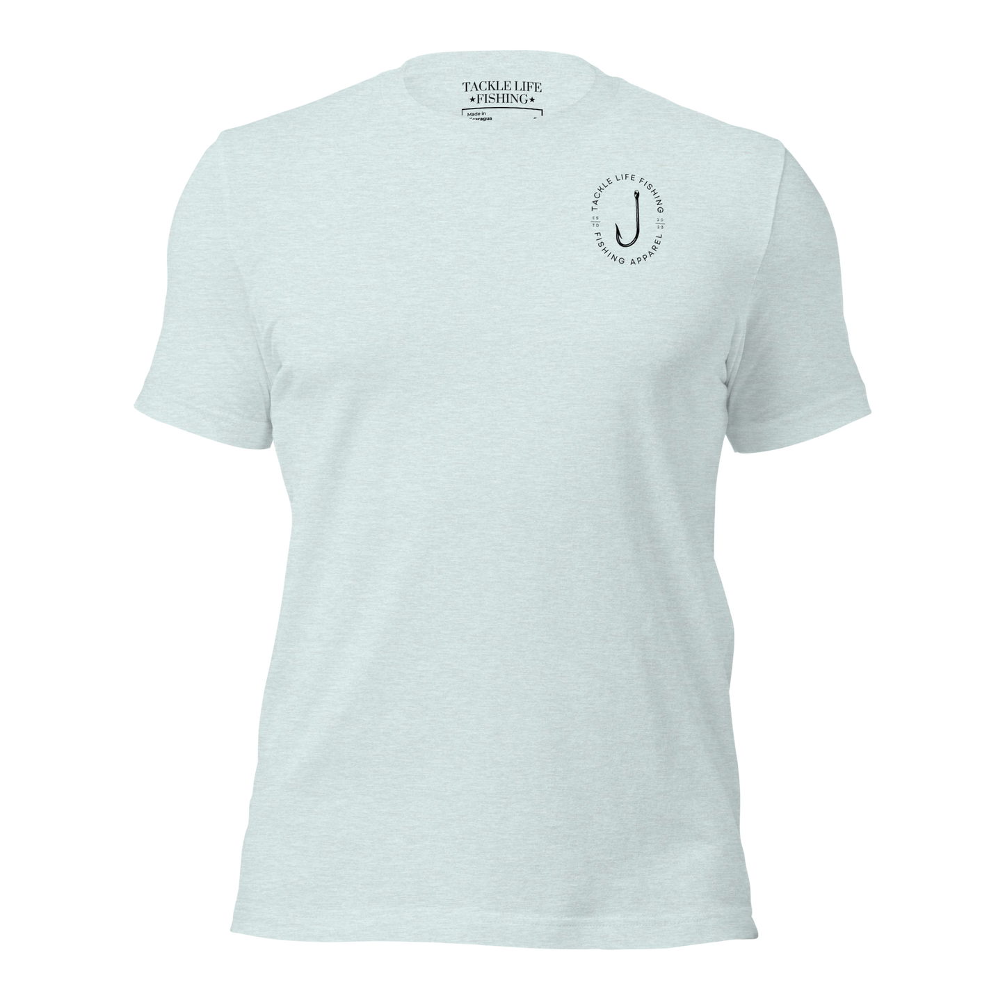 TLF Tuna Patch Unisex T-Shirt with Chest Logo on Yellow, Heather Prism Ice Blue, Ocean Blue, Soft Cream, or White