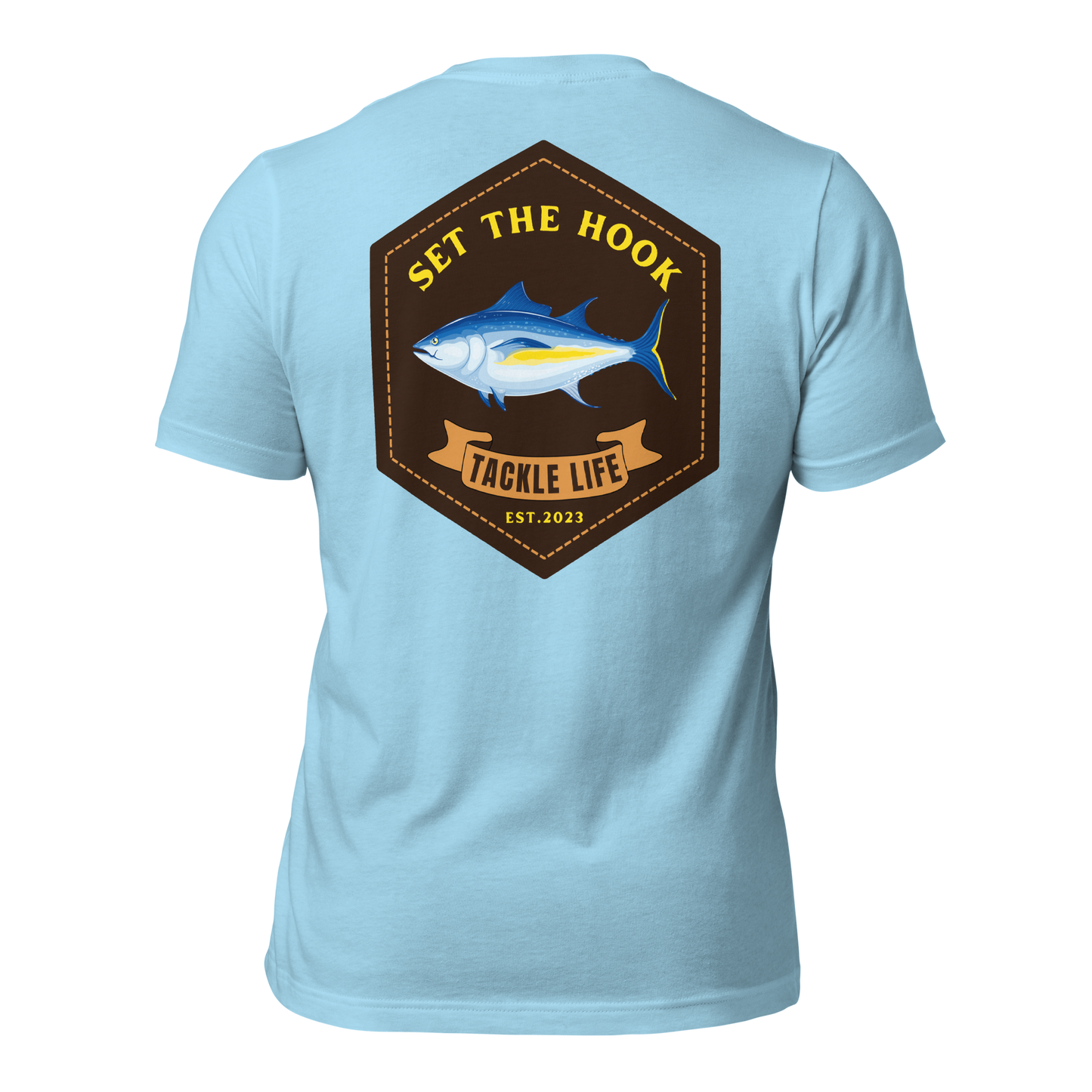 TLF Tuna Patch Unisex T-Shirt with Chest Logo on Yellow, Heather Prism Ice Blue, Ocean Blue, Soft Cream, or White