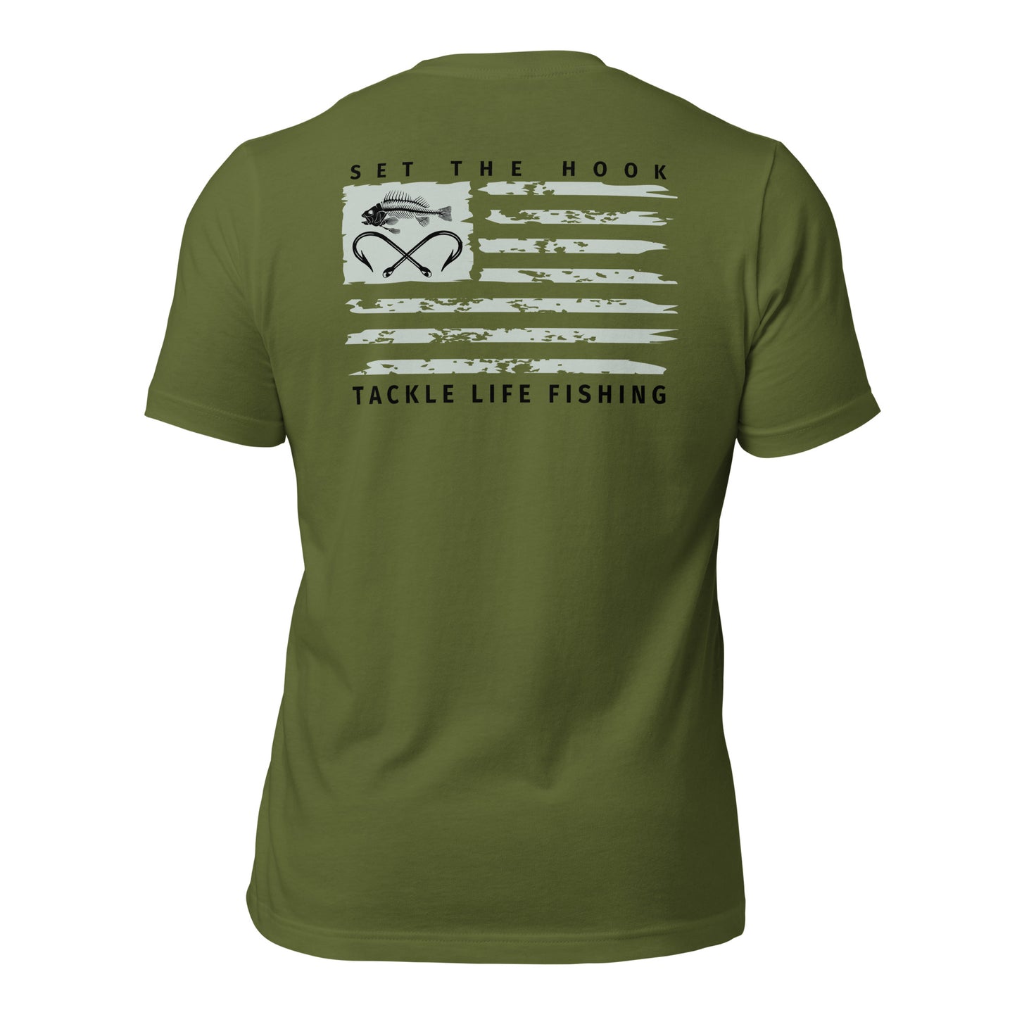 TLF Dirstressed Flag Pirate Logo Unisex T-Shirt -- Chest Logo and Back Design on Toast, Red, True Royal, Asphalt, Olive or Pebble