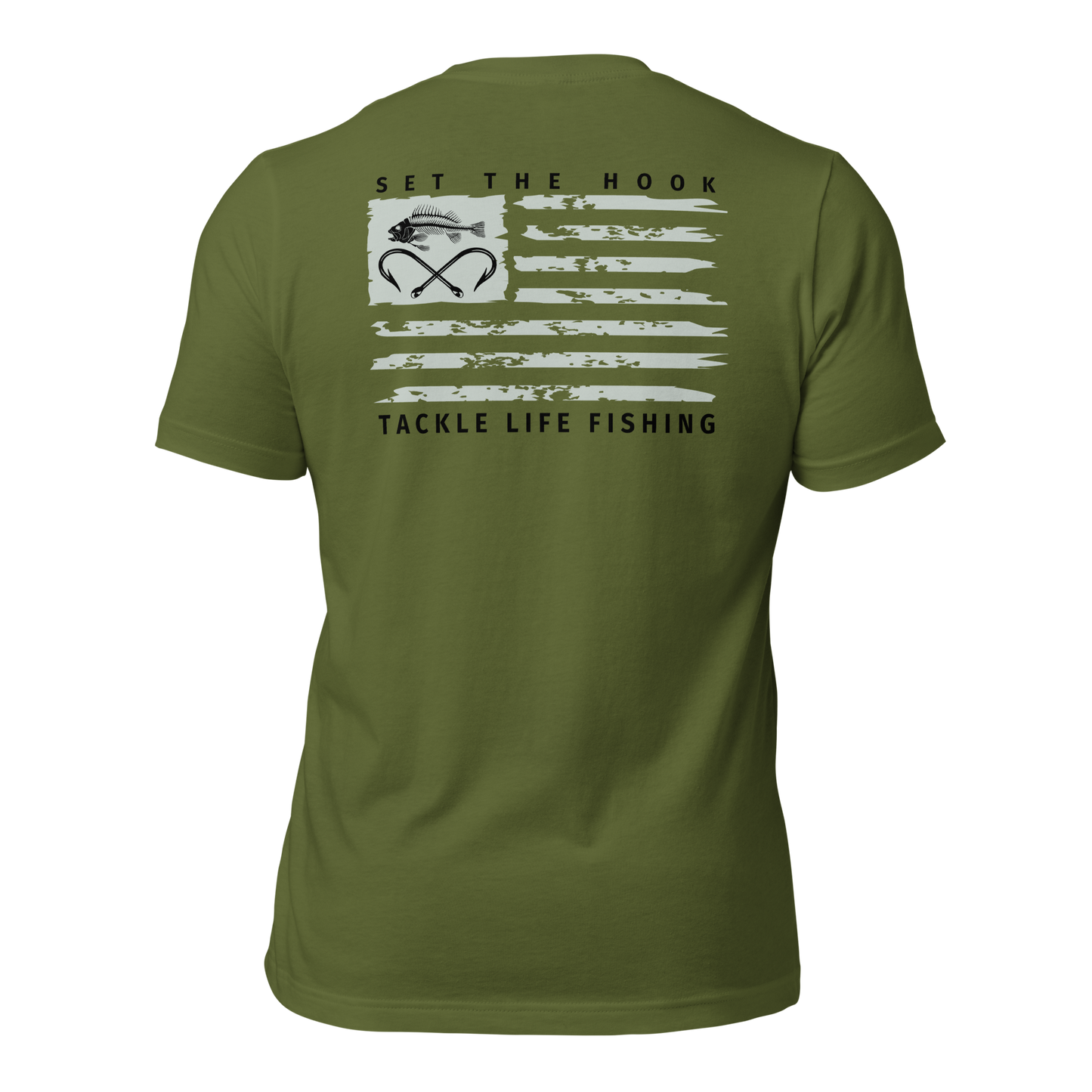 TLF Dirstressed Flag Pirate Logo Unisex T-Shirt -- Chest Logo and Back Design on Toast, Red, True Royal, Asphalt, Olive or Pebble