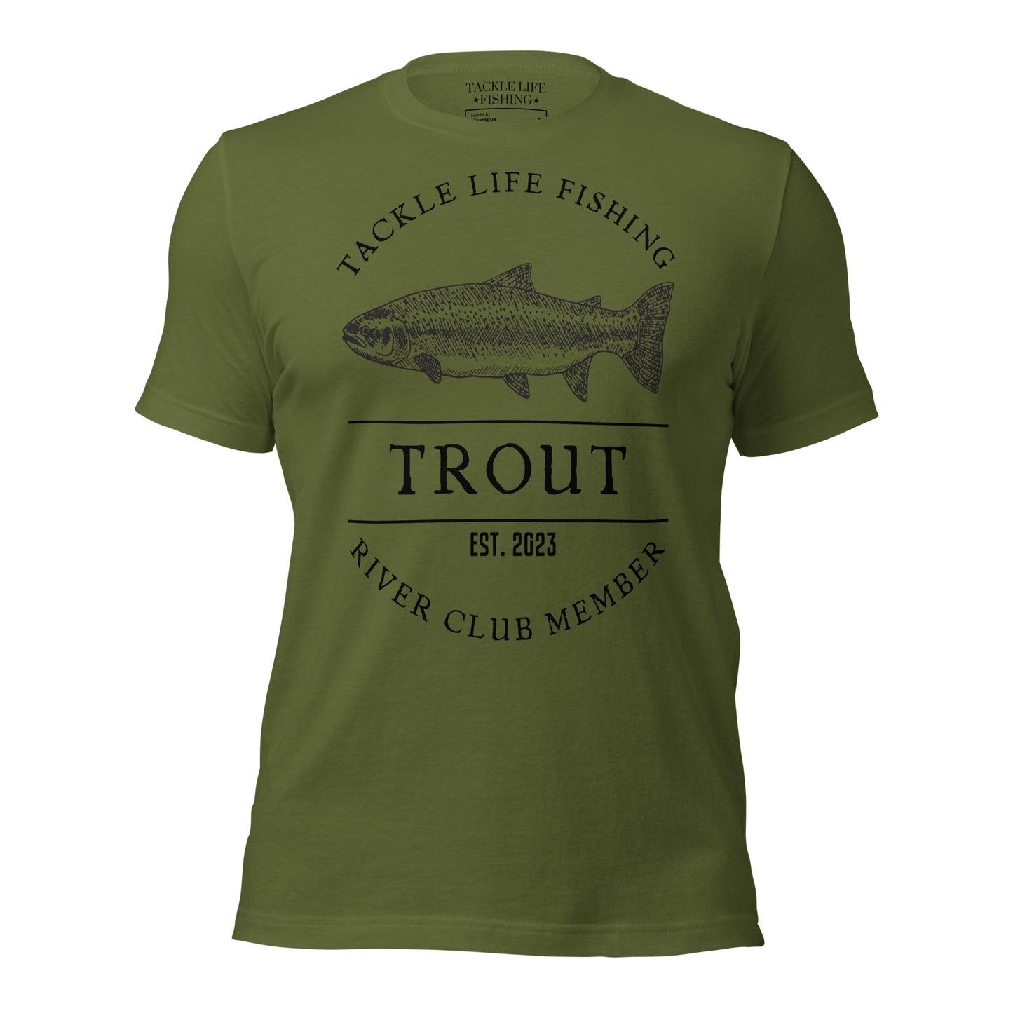 TLF Trout River Club Member T-Shirt -- Front Design on White, Athletic Heather, Tan, Pebble, Toast, Autumn, or Olive