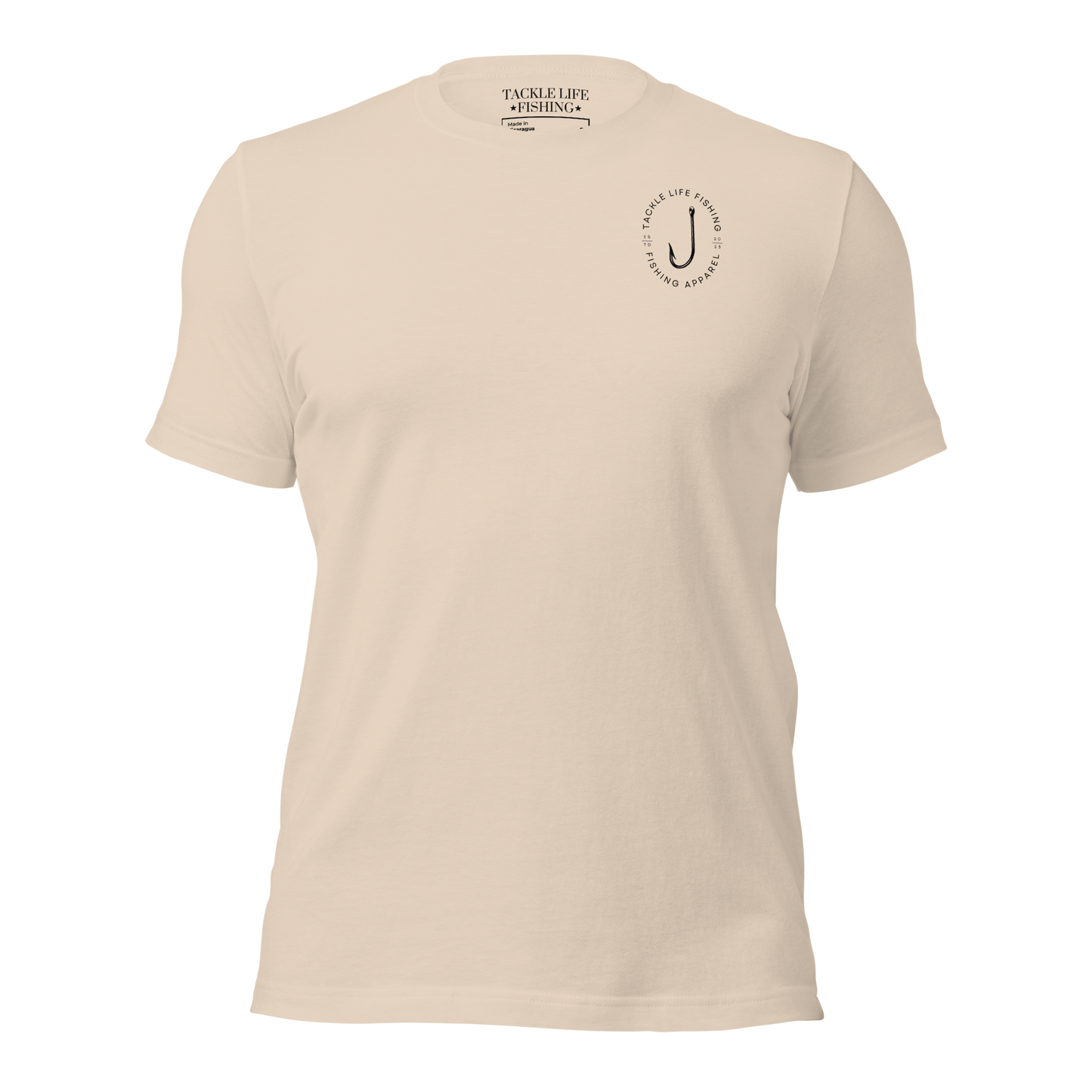 TLF Tuna Patch Unisex T-Shirt with Chest Logo on Yellow, Heather Prism Ice Blue, Ocean Blue, Soft Cream, or White