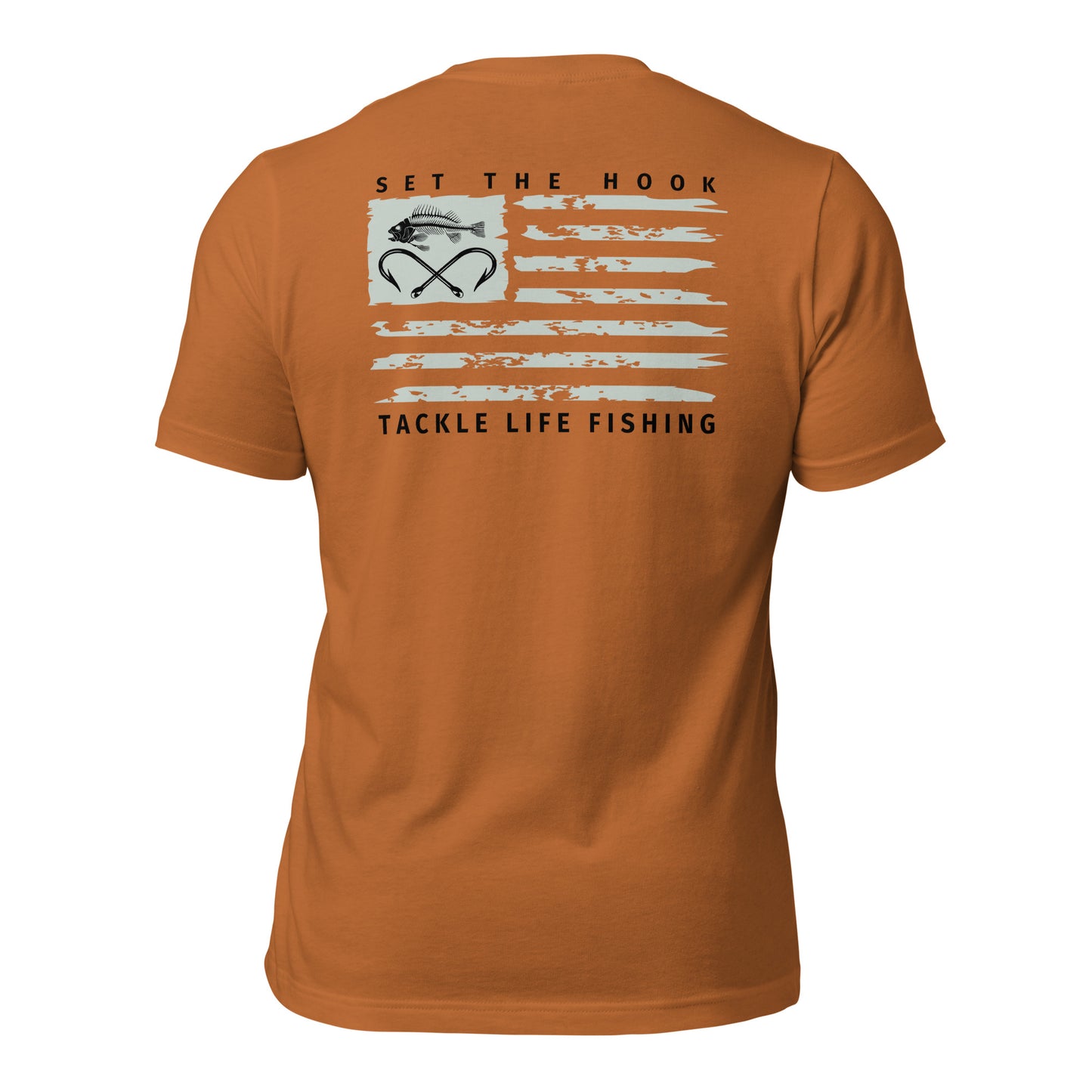 TLF Dirstressed Flag Pirate Logo Unisex T-Shirt -- Chest Logo and Back Design on Toast, Red, True Royal, Asphalt, Olive or Pebble