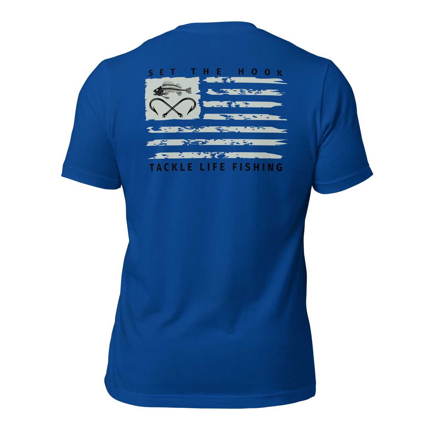 TLF Dirstressed Flag Pirate Logo Unisex T-Shirt -- Chest Logo and Back Design on Toast, Red, True Royal, Asphalt, Olive or Pebble