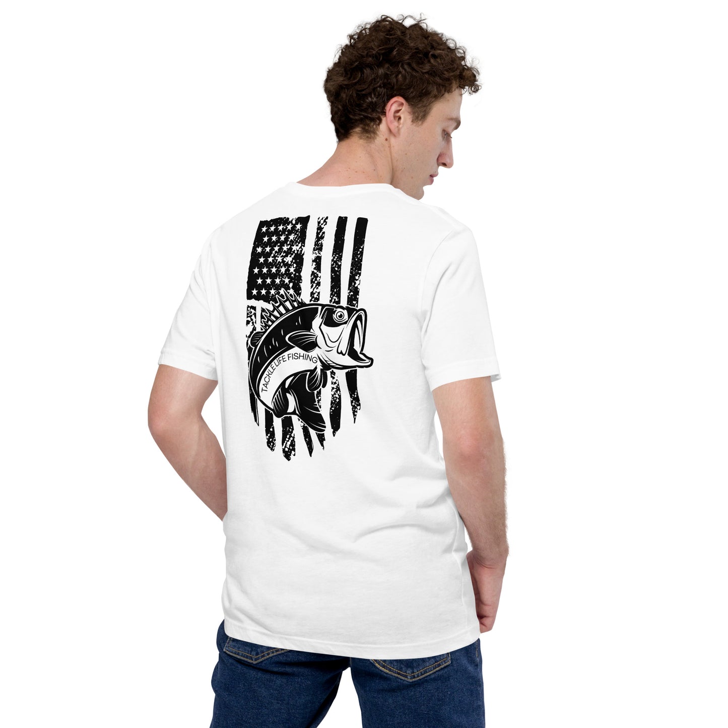 TLF Bass Flag Unisex T-Shirt -- Black Chest Logo and Back Design on White or Athletic Heather