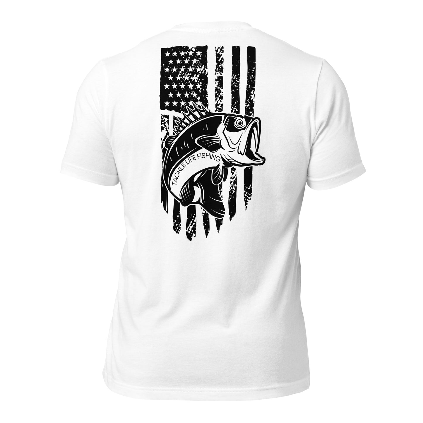 TLF Bass Flag Unisex T-Shirt -- Black Chest Logo and Back Design on White or Athletic Heather