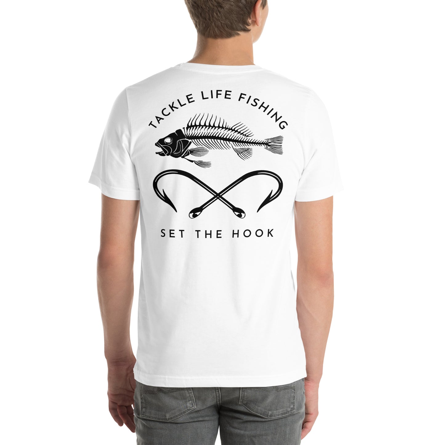 TLF Pirate Flag Unisex T-Shirt -- Black Chest Logo with Back Design on White or Athletic Heather