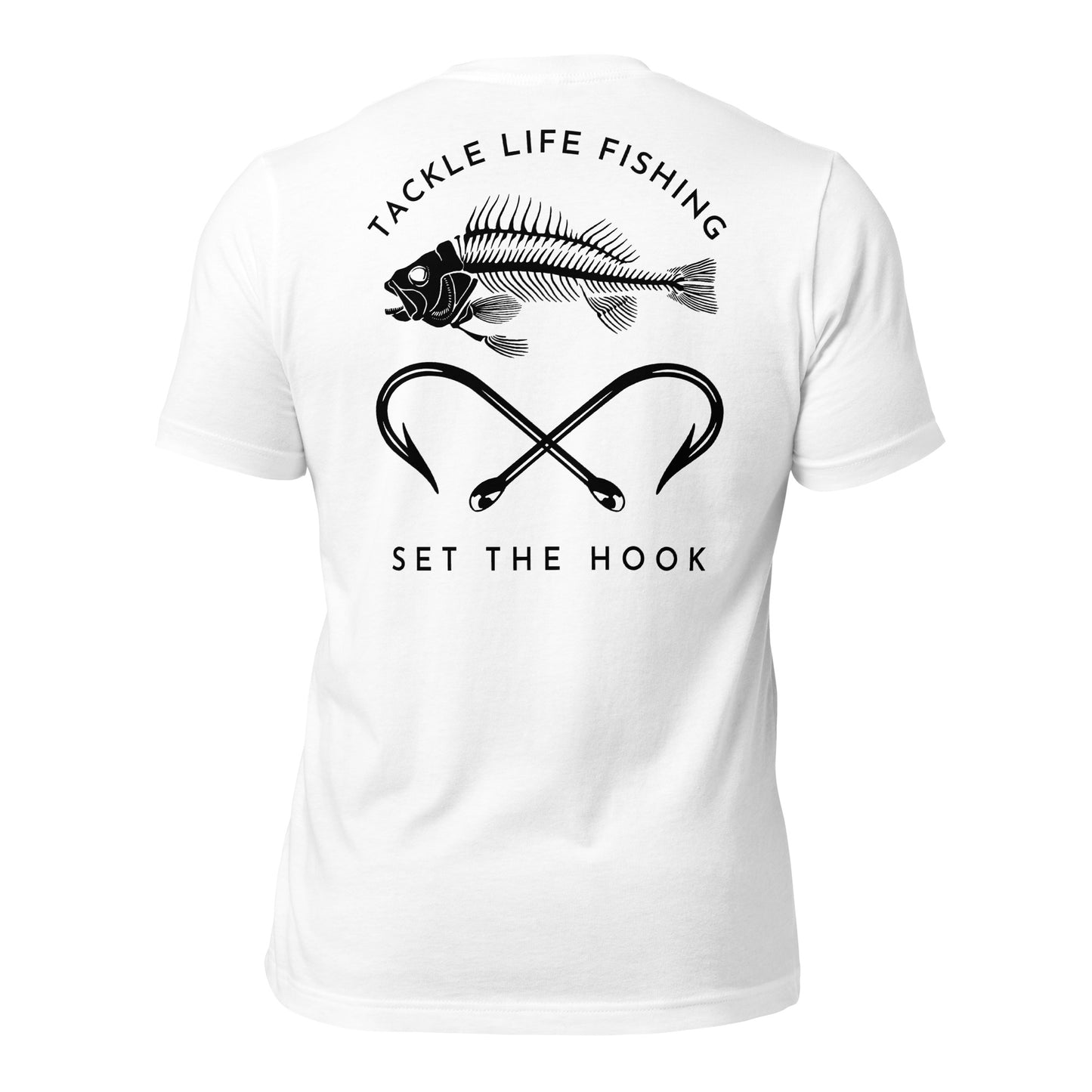 TLF Pirate Flag Unisex T-Shirt -- Black Chest Logo with Back Design on White or Athletic Heather