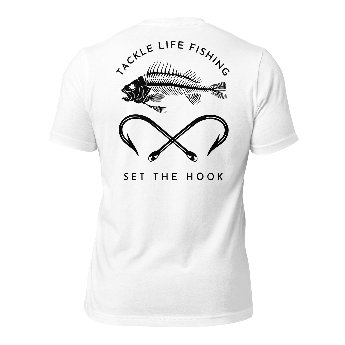 TLF Pirate Flag Unisex T-Shirt -- Black Chest Logo with Back Design on White or Athletic Heather