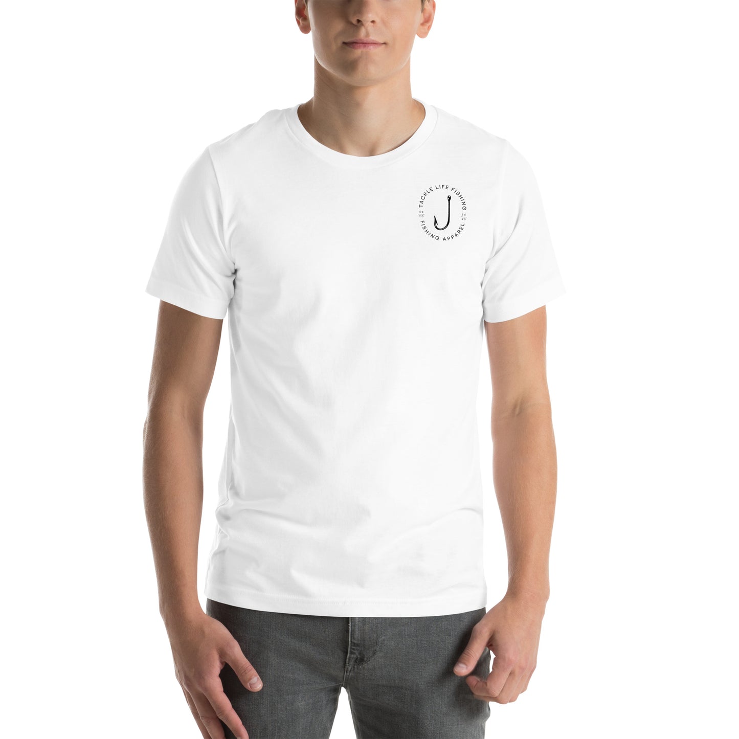 TLF Pirate Flag Unisex T-Shirt -- Black Chest Logo with Back Design on White or Athletic Heather