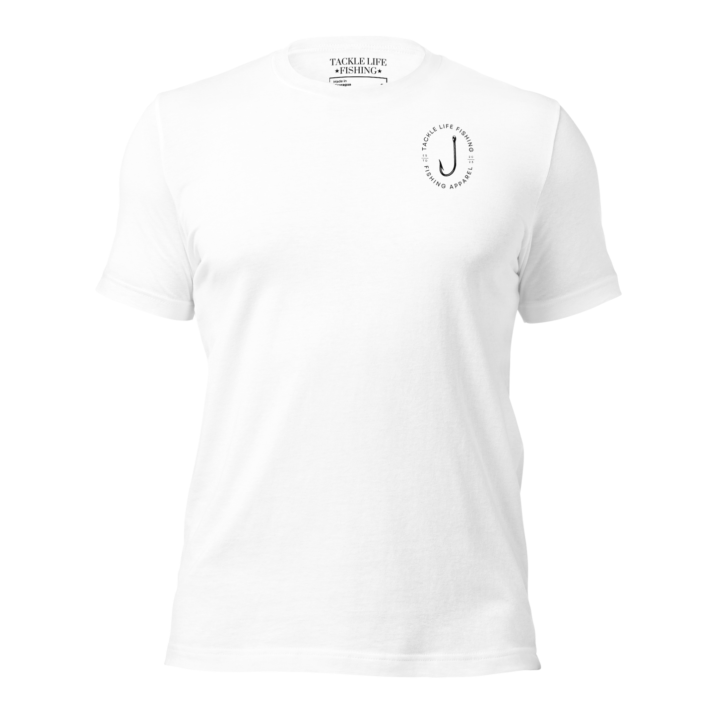 TLF Tuna Patch Unisex T-Shirt with Chest Logo on Yellow, Heather Prism Ice Blue, Ocean Blue, Soft Cream, or White