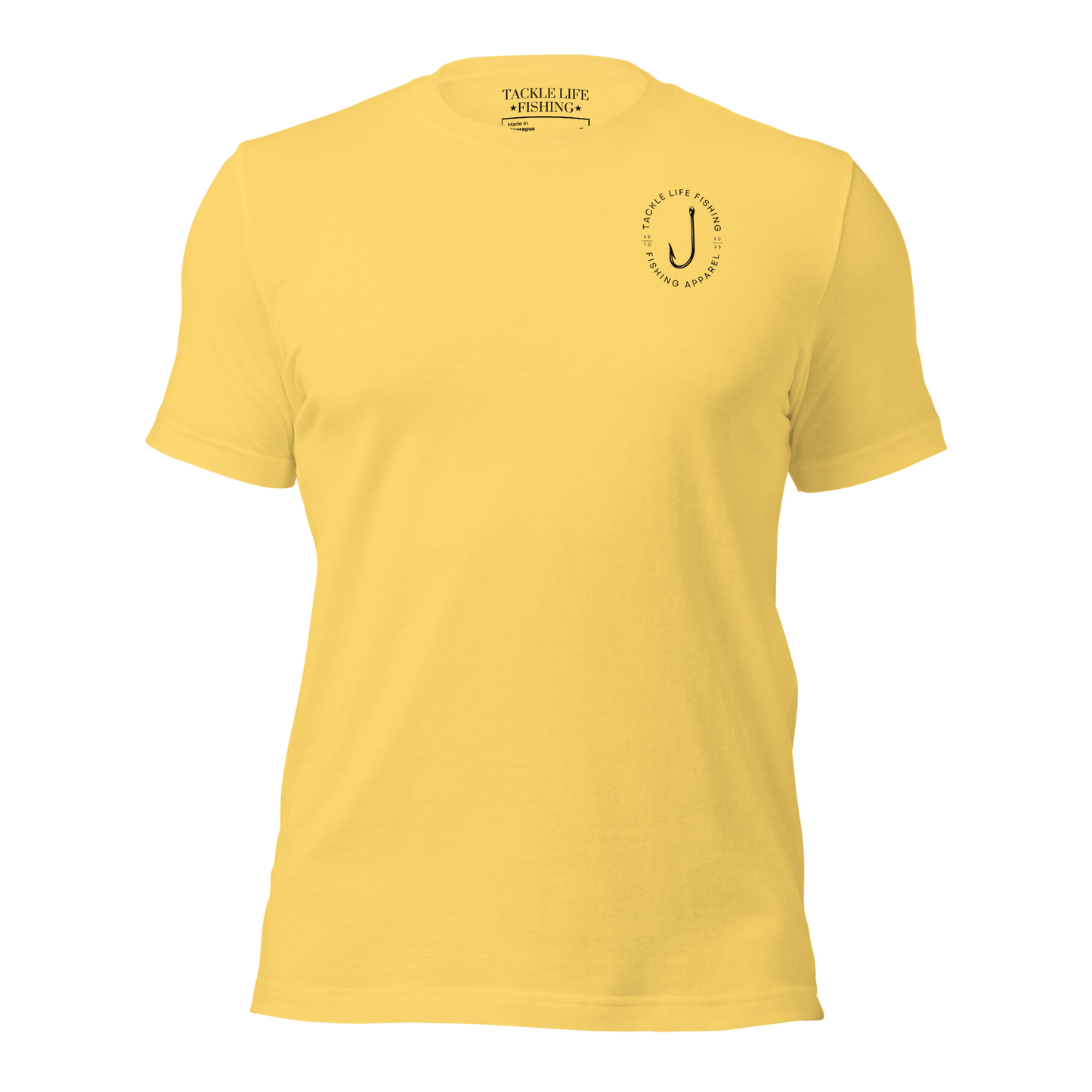 TLF Tuna Patch Unisex T-Shirt with Chest Logo on Yellow, Heather Prism Ice Blue, Ocean Blue, Soft Cream, or White