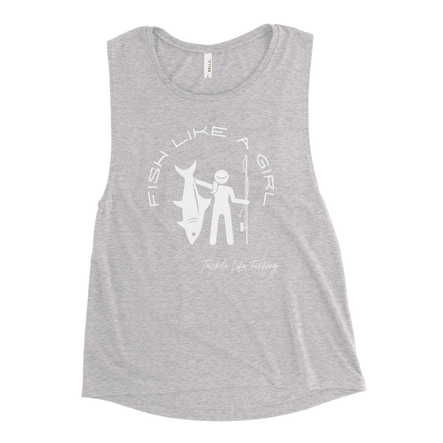 TLF Fish Like A Girl Ladies Graphic Muscle Tank Top -- White Design on Black Heather, Mauve, Heather Olive, Athletic Heather, Dusty Blue