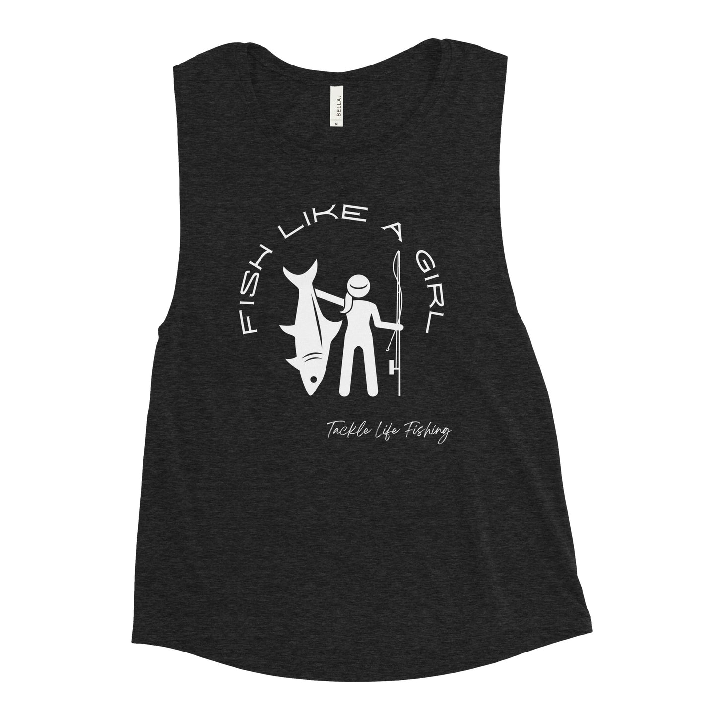 TLF Fish Like A Girl Ladies Graphic Muscle Tank Top -- White Design on Black Heather, Mauve, Heather Olive, Athletic Heather, Dusty Blue