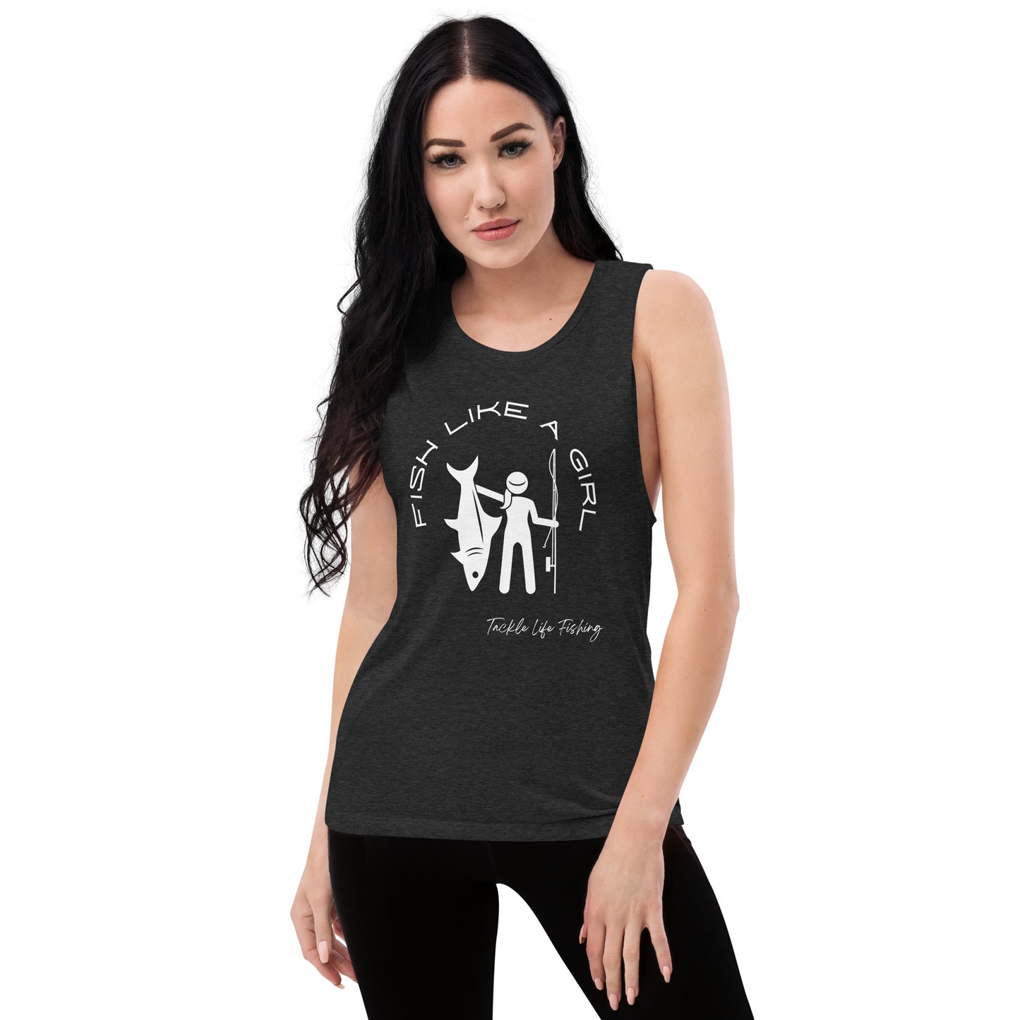 TLF Fish Like A Girl Ladies Graphic Muscle Tank Top -- White Design on Black Heather, Mauve, Heather Olive, Athletic Heather, Dusty Blue