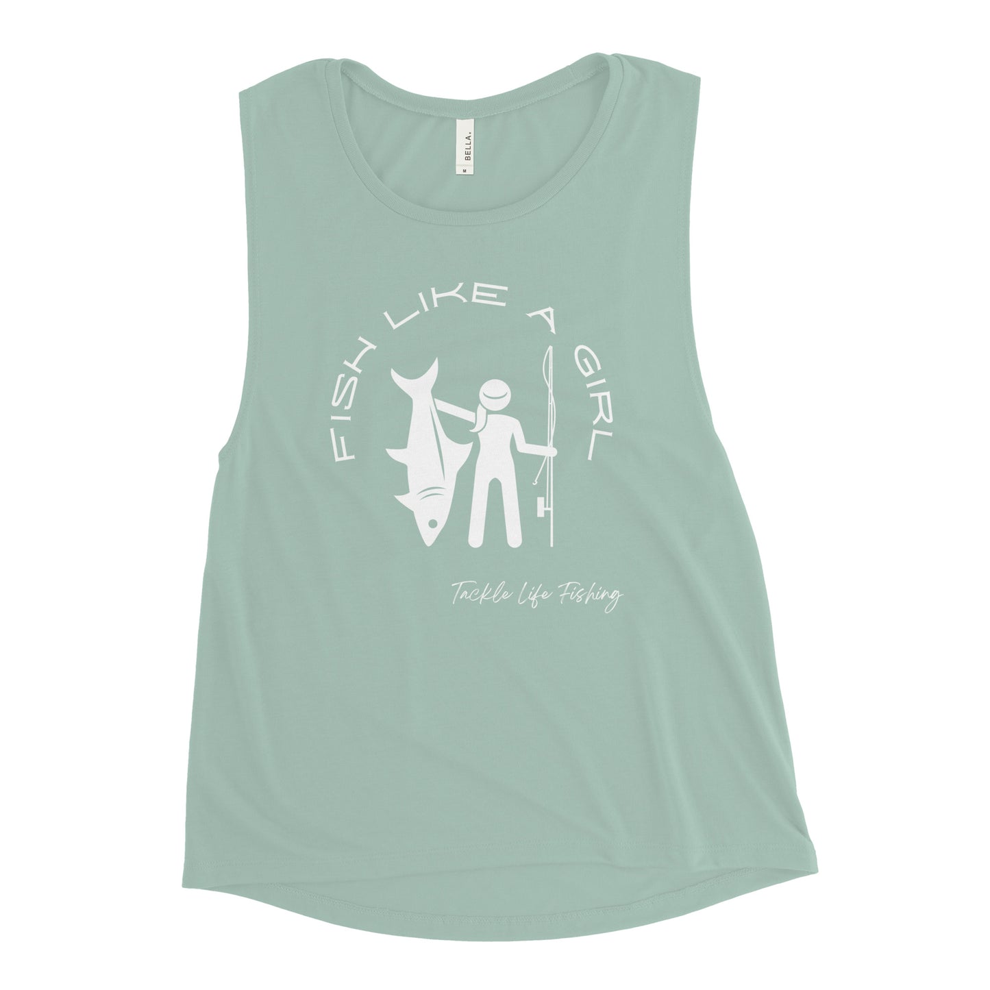 TLF Fish Like A Girl Ladies Graphic Muscle Tank Top -- White Design on Black Heather, Mauve, Heather Olive, Athletic Heather, Dusty Blue
