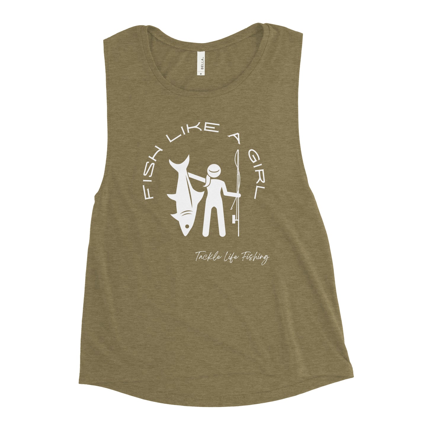 TLF Fish Like A Girl Ladies Graphic Muscle Tank Top -- White Design on Black Heather, Mauve, Heather Olive, Athletic Heather, Dusty Blue