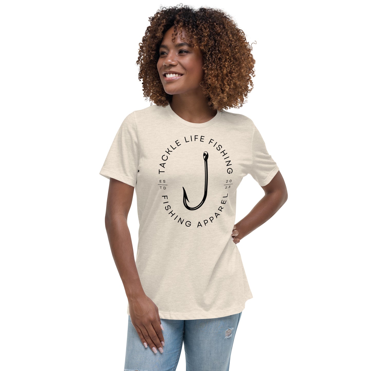 TLF Flagship Logo Women's Relaxed T-Shirt -- Black Logo on Heather Prism Natural, Heather Blue Lagoon, Heather Prism Lilac, or Pink