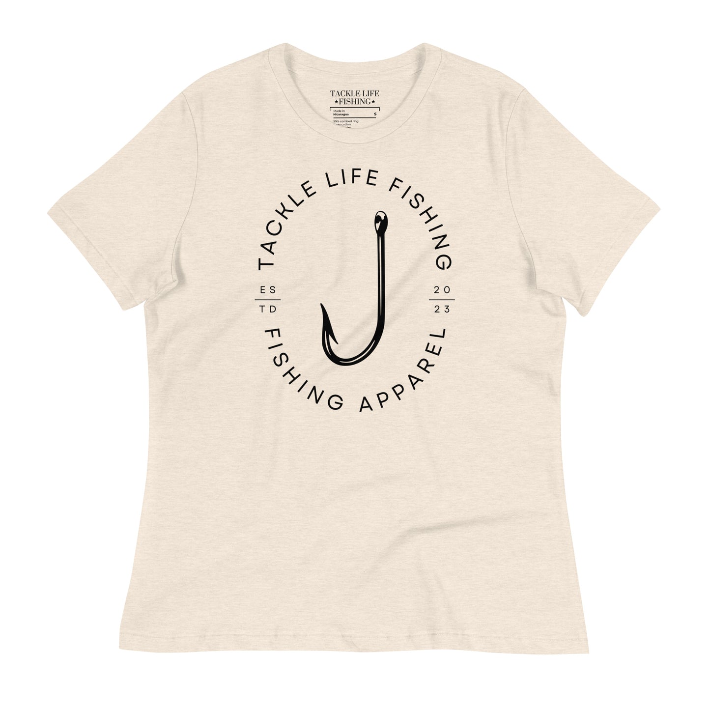 TLF Flagship Logo Women's Relaxed T-Shirt -- Black Logo on Heather Prism Natural, Heather Blue Lagoon, Heather Prism Lilac, or Pink