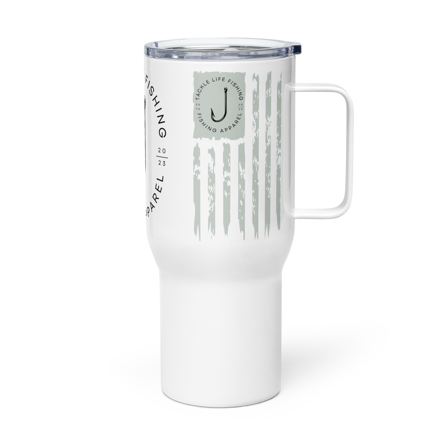 TLF Travel Mug with Handle and Lid -- Flagship Logo and Distressed Flag Design