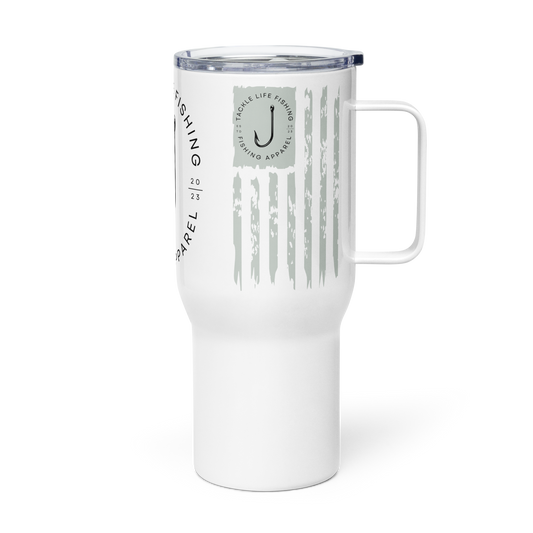 TLF Travel Mug with Handle and Lid -- Flagship Logo and Distressed Flag Design