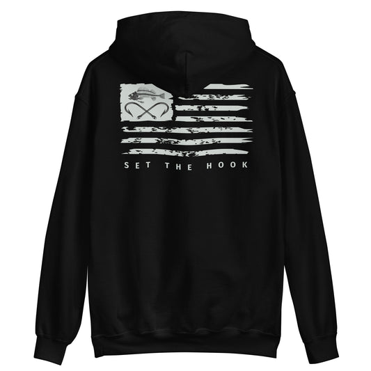 TLF Dirstressed Flag Pirate Logo Unisex Hoodie -- Gray Chest Logo and Back Design on Black