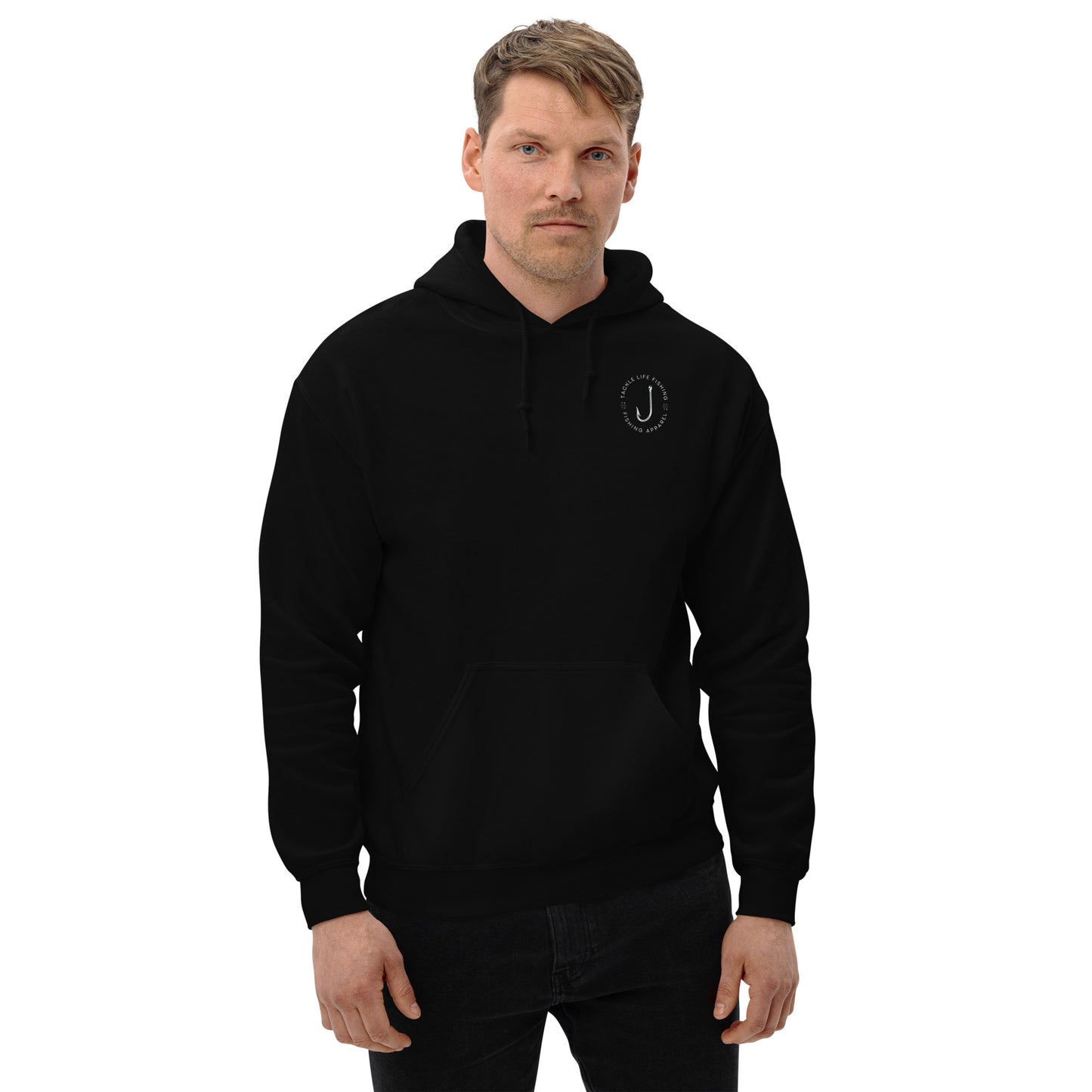 TLF Dirstressed Flag Pirate Logo Unisex Hoodie -- Gray Chest Logo and Back Design on Black