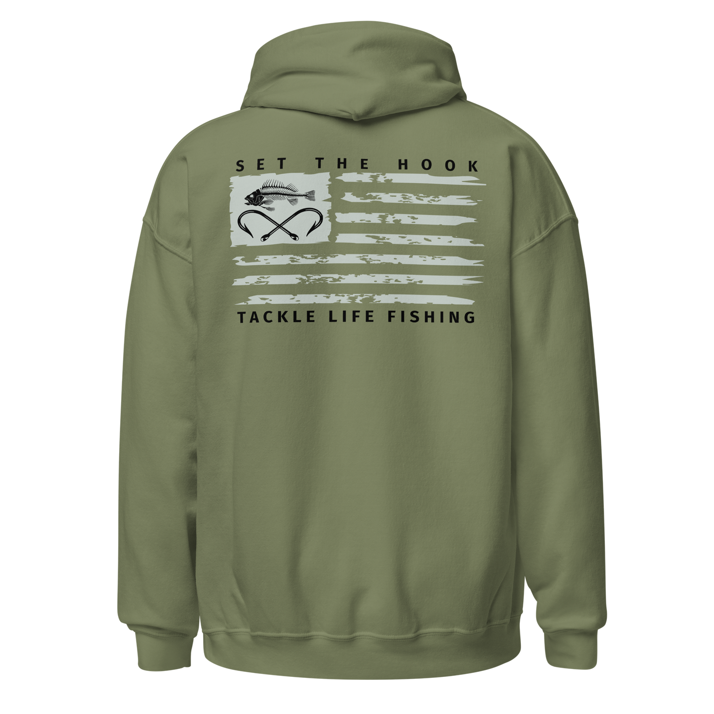 TLF Dirstressed Flag Pirate Logo Unisex Hoodie -- Chest Logo and Back Design on Red, Royal, Indigo Blue, Irish Green, Military Green, White