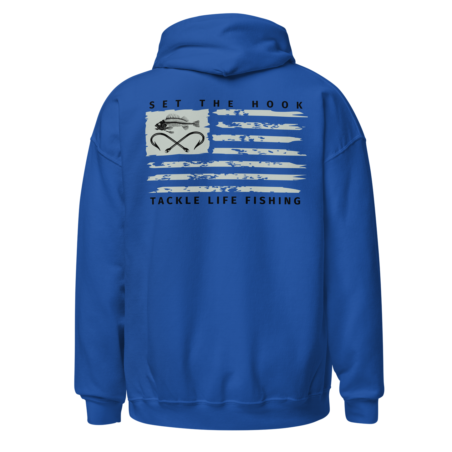 TLF Dirstressed Flag Pirate Logo Unisex Hoodie -- Chest Logo and Back Design on Red, Royal, Indigo Blue, Irish Green, Military Green, White