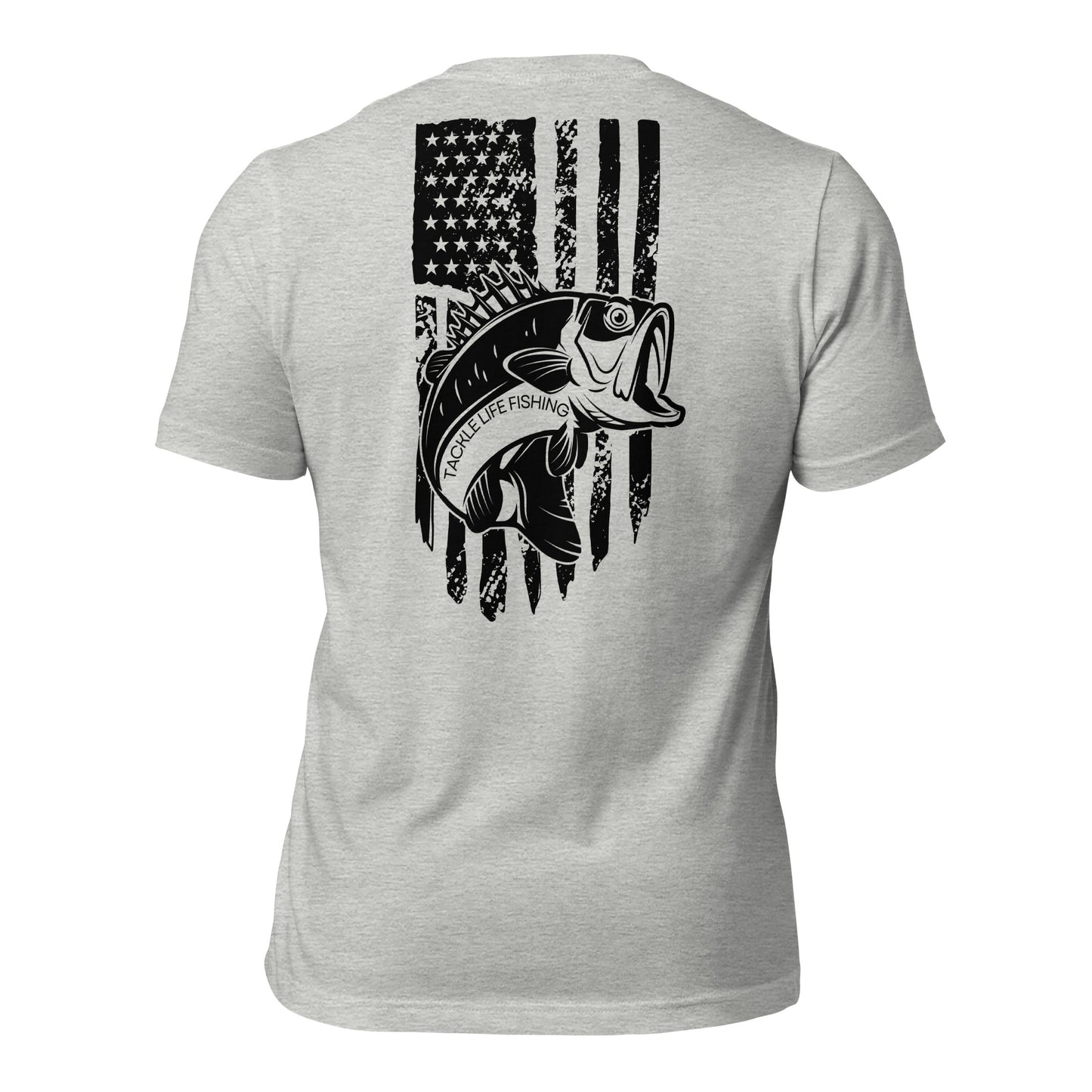 TLF Bass Flag Unisex T-Shirt -- Black Chest Logo and Back Design on White or Athletic Heather