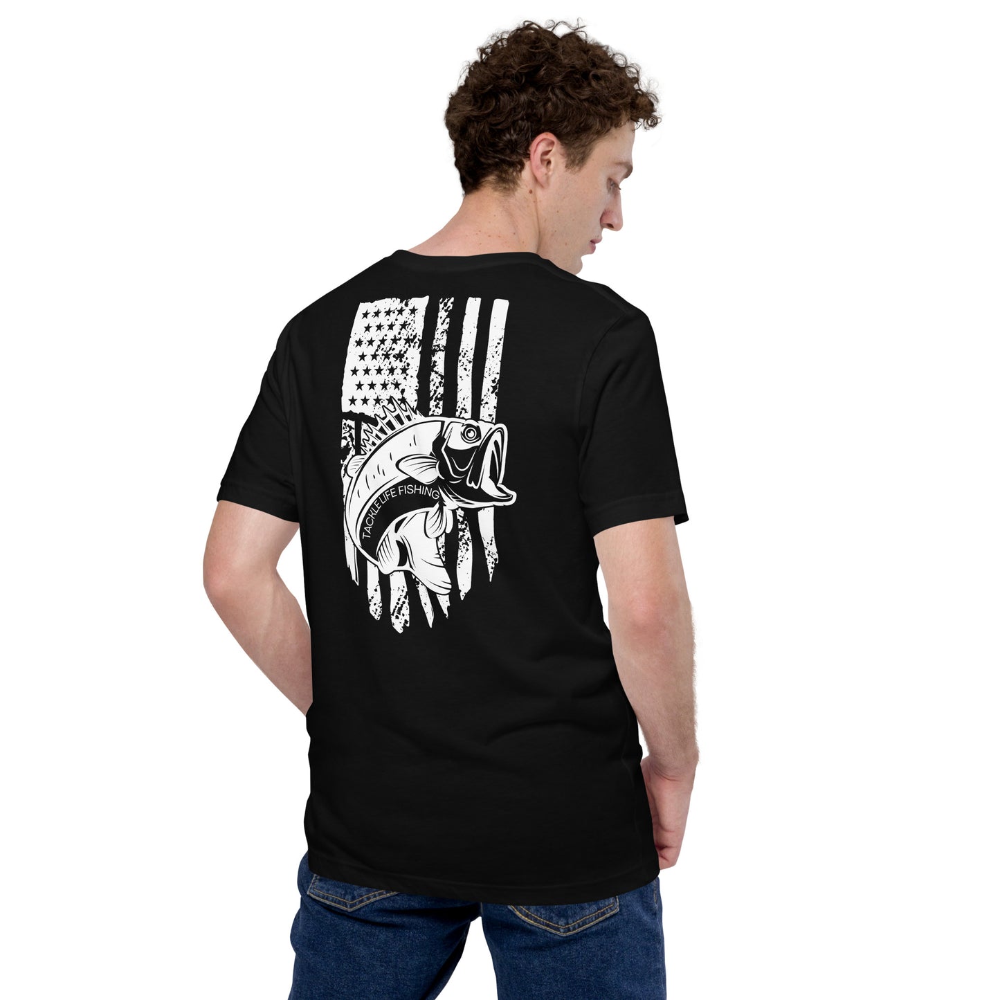 TLF Bass Flag Unisex T-Shirt -- White Chest Logo and Back Design on Black