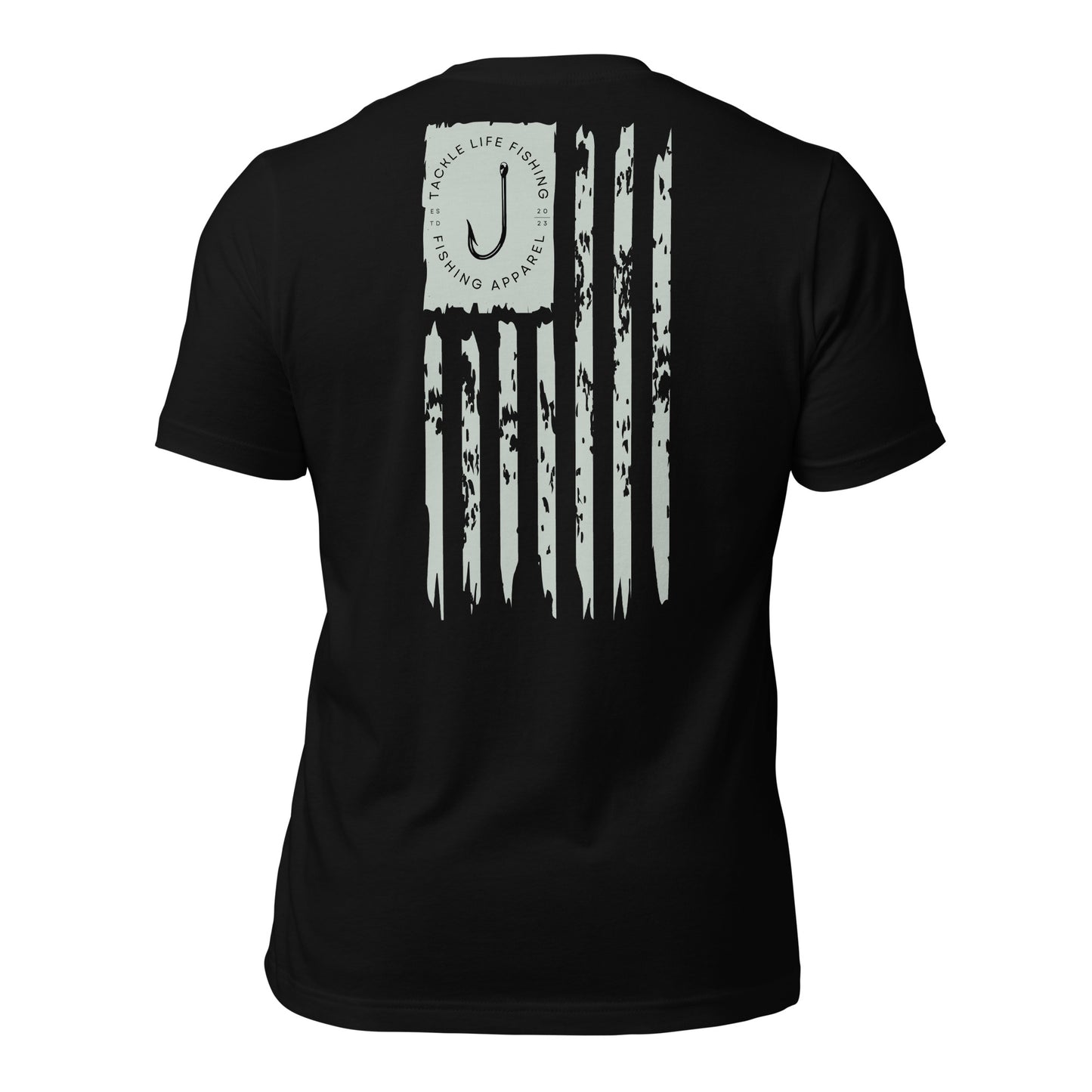 TLF Distressed American Flag Unisex T-Shirt -- Gray Chest Logo and Back Design on Black