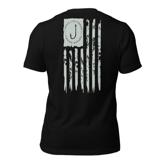TLF Distressed American Flag Unisex T-Shirt -- Gray Chest Logo and Back Design on Black