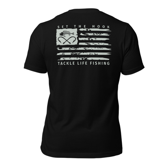 TLF Dirstressed Flag Pirate Logo Unisex T-Shirt -- Gray Chest Logo and Back Design on Black